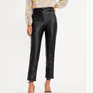 Petite Belted Slim Taper Pants in Faux Leather